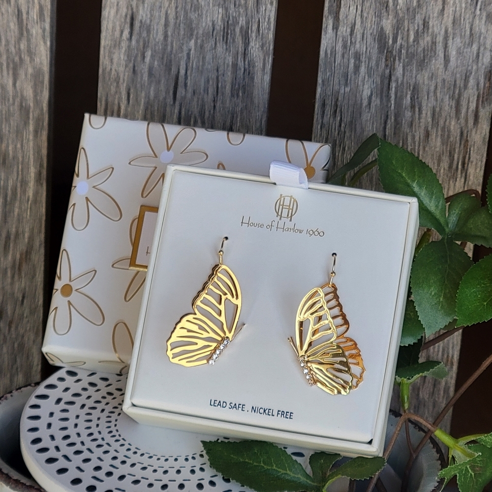NWT House of Harlow 1960 gold drop butterfly earrings with clear rhinestones - Picture 4 of 5